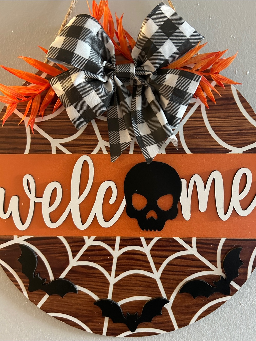 Halloween Orange 'Welcome' Round Wooden Wall Sign with Black Skull Accent - Picture 4 of 10